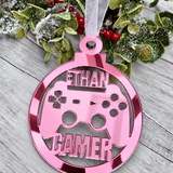 Load image into Gallery viewer, Personalised gamer Christmas decoration in pink mirrored acrylic