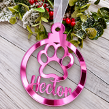 Load image into Gallery viewer, Personalised paw print Christmas decoration in pink mirrored acrylic