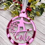 Load image into Gallery viewer, Personalised snowboarder Christmas decoration in pink mirrored acrylic