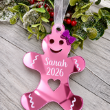 Load image into Gallery viewer, Personalised gingerbread lady Christmas decoration in pink mirrored acrylic