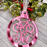 Load image into Gallery viewer, Personalised cyclist Christmas decoration in pink mirrored acrylic