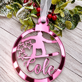 Load image into Gallery viewer, Personalised snowboarder Christmas decoration in pink mirrored acrylic