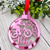 Load image into Gallery viewer, Personalised BMX Christmas decoration in pink mirrored acrylic