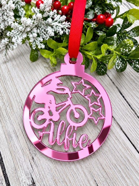 Personalised BMX Christmas decoration in pink mirrored acrylic