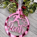 Load image into Gallery viewer, Personalised rugby Christmas decoration in pink mirrored acrylic
