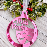 Load image into Gallery viewer, Personalised drama Christmas decoration in pink mirrored acrylic
