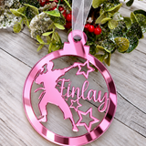 Load image into Gallery viewer, Personalised karate Christmas decoration in pink mirrored acrylic