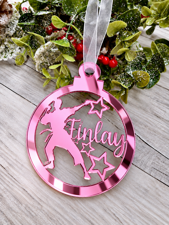 Personalised karate Christmas decoration in pink mirrored acrylic