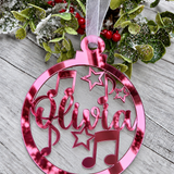 Load image into Gallery viewer, Personalised music notes Christmas decoration in pink mirrored acrylic