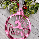 Load image into Gallery viewer, Personalised gymnast Christmas decoration in pink mirrored acrylic