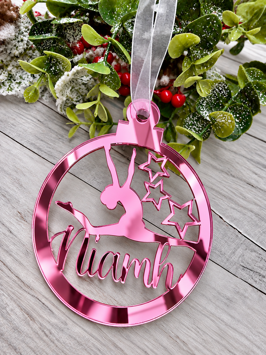 Personalised gymnast Christmas decoration in pink mirrored acrylic