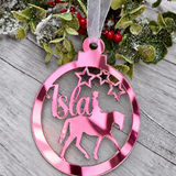 Load image into Gallery viewer, Personalised horse rider Christmas decoration in pink mirrored acrylic
