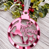 Load image into Gallery viewer, Personalised footballer Christmas decoration in pink mirrored acrylic