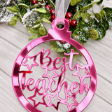 Load image into Gallery viewer, Personalised Best Teacher bauble Christmas decoration in pink mirrored acrylic