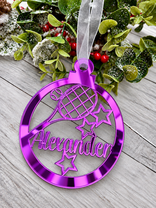 Personalised tennis Christmas decoration in purple mirrored acrylic