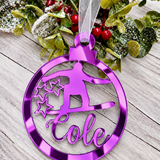 Load image into Gallery viewer, Personalised snowboarder Christmas decoration in purple mirrored acrylic