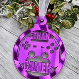 Load image into Gallery viewer, Personalised gamer Christmas decoration in purple mirrored acrylic