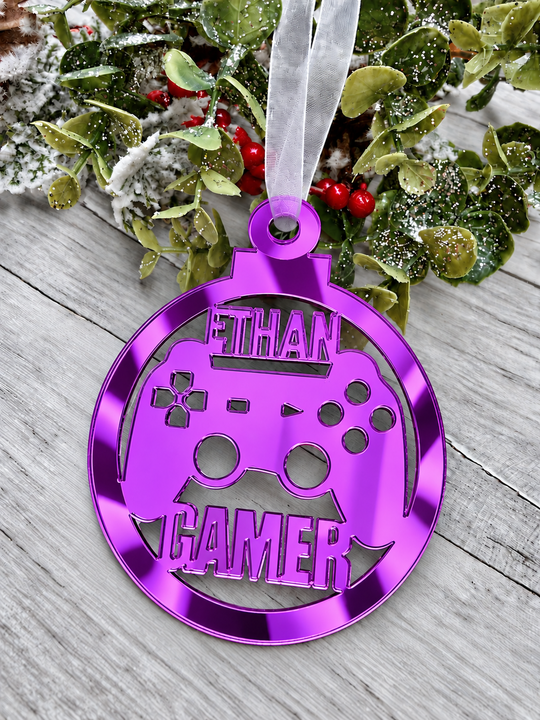 Personalised gamer Christmas decoration in purple mirrored acrylic