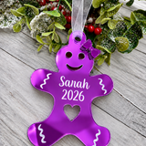 Load image into Gallery viewer, Personalised gingerbread lady Christmas decoration in purple mirrored acrylic