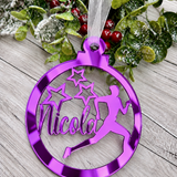 Load image into Gallery viewer, Personalised runner Christmas decoration in purple mirrored acrylic