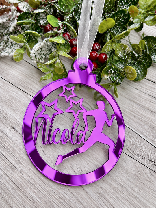 Personalised runner Christmas decoration in purple mirrored acrylic
