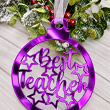 Load image into Gallery viewer, Personalised Best Teacher bauble Christmas decoration in purple mirrored acrylic