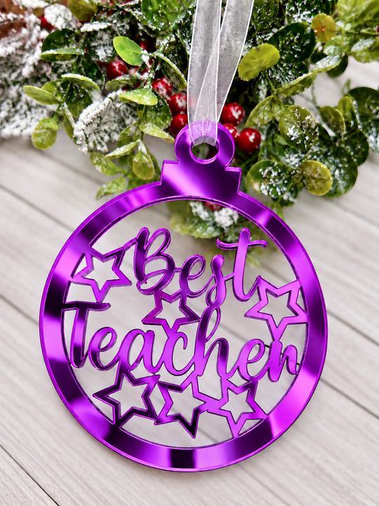Personalised Best Teacher bauble Christmas decoration in purple mirrored acrylic