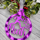 Load image into Gallery viewer, Personalised rugby Christmas decoration in purple mirrored acrylic