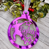 Load image into Gallery viewer, Personalised karate Christmas decoration in purple mirrored acrylic