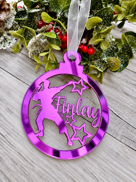 Personalised karate Christmas decoration in purple mirrored acrylic