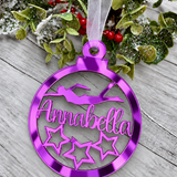 Load image into Gallery viewer, Personalised swimmer Christmas decoration in purple mirrored acrylic