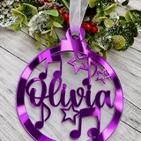 Load image into Gallery viewer, Personalised music notes Christmas decoration in purple mirrored acrylic