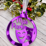 Load image into Gallery viewer, Personalised drama Christmas decoration in purple mirrored acrylic