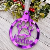 Load image into Gallery viewer, Personalised paw print Christmas decoration in purple mirrored acrylic