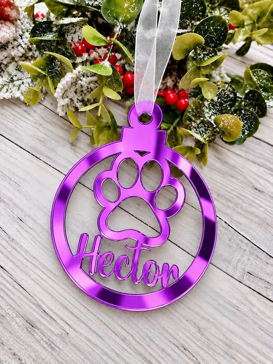 Personalised paw print Christmas decoration in purple mirrored acrylic