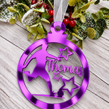 Load image into Gallery viewer, Personalised footballer Christmas decoration in purple mirrored acrylic