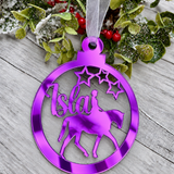 Load image into Gallery viewer, Personalised horse rider Christmas decoration in purple mirrored acrylic