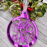 Load image into Gallery viewer, Personalised cyclist Christmas decoration in purple mirrored acrylic