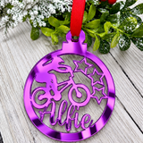 Load image into Gallery viewer, Personalised BMX Christmas decoration in purple mirrored acrylic
