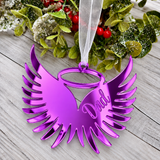 Load image into Gallery viewer, Angel wings in memory Christmas decoration in purple mirrored acrylic engraved with a name