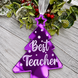 Load image into Gallery viewer, Personalised Best Teacher tree Christmas decoration in purple mirrored acrylic