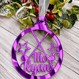 Load image into Gallery viewer, Personalised golf Christmas decoration in purple mirrored acrylic