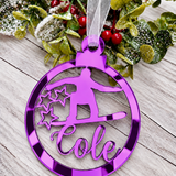 Load image into Gallery viewer, Personalised snowboarder Christmas decoration in purple mirrored acrylic