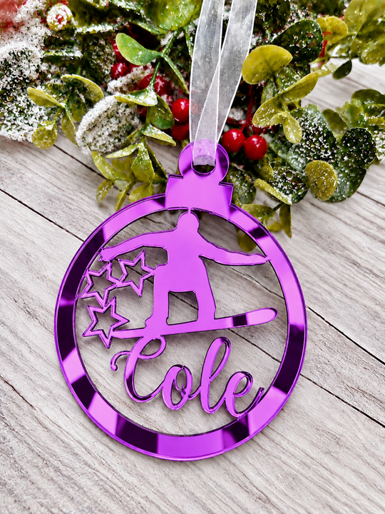 Personalised snowboarder Christmas decoration in purple mirrored acrylic