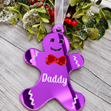 Load image into Gallery viewer, Personalised gingerbread man Christmas decoration in purple mirrored acrylic