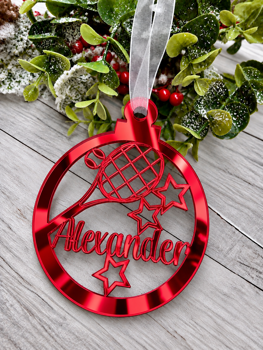 Personalised tennis Christmas decoration in red mirrored acrylic