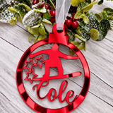 Load image into Gallery viewer, Personalised snowboarder Christmas decoration in red mirrored acrylic