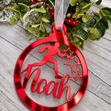 Load image into Gallery viewer, Personalised rugby Christmas decoration in red mirrored acrylic