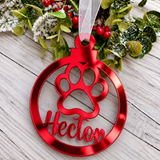Load image into Gallery viewer, Personalised paw print Christmas decoration in red mirrored acrylic
