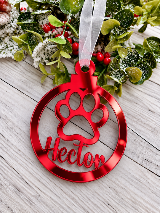 Personalised paw print Christmas decoration in red mirrored acrylic